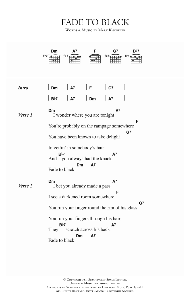 Dire Straits Fade To Black Sheet Music