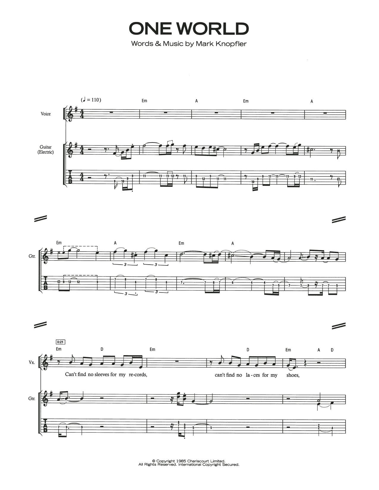 Dire Straits One World Sheet Music