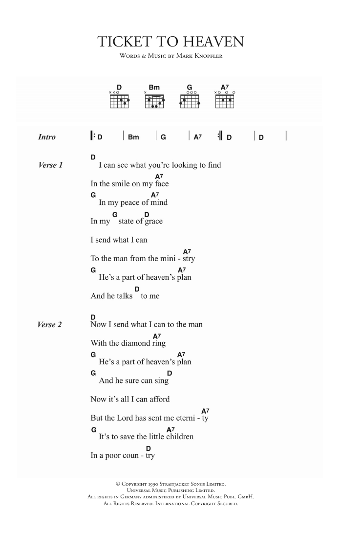 Dire Straits Ticket To Heaven Sheet Music