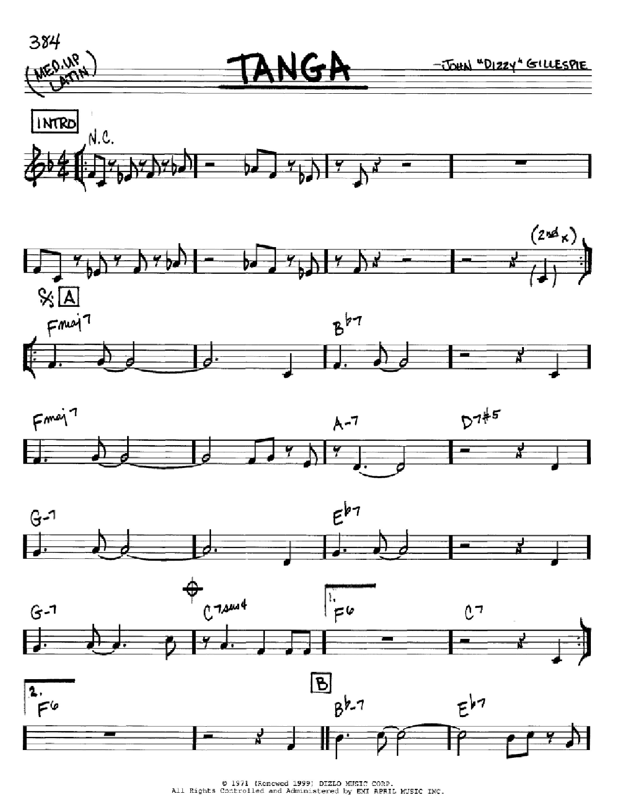 Dizzy Gillespie Tanga Sheet Music