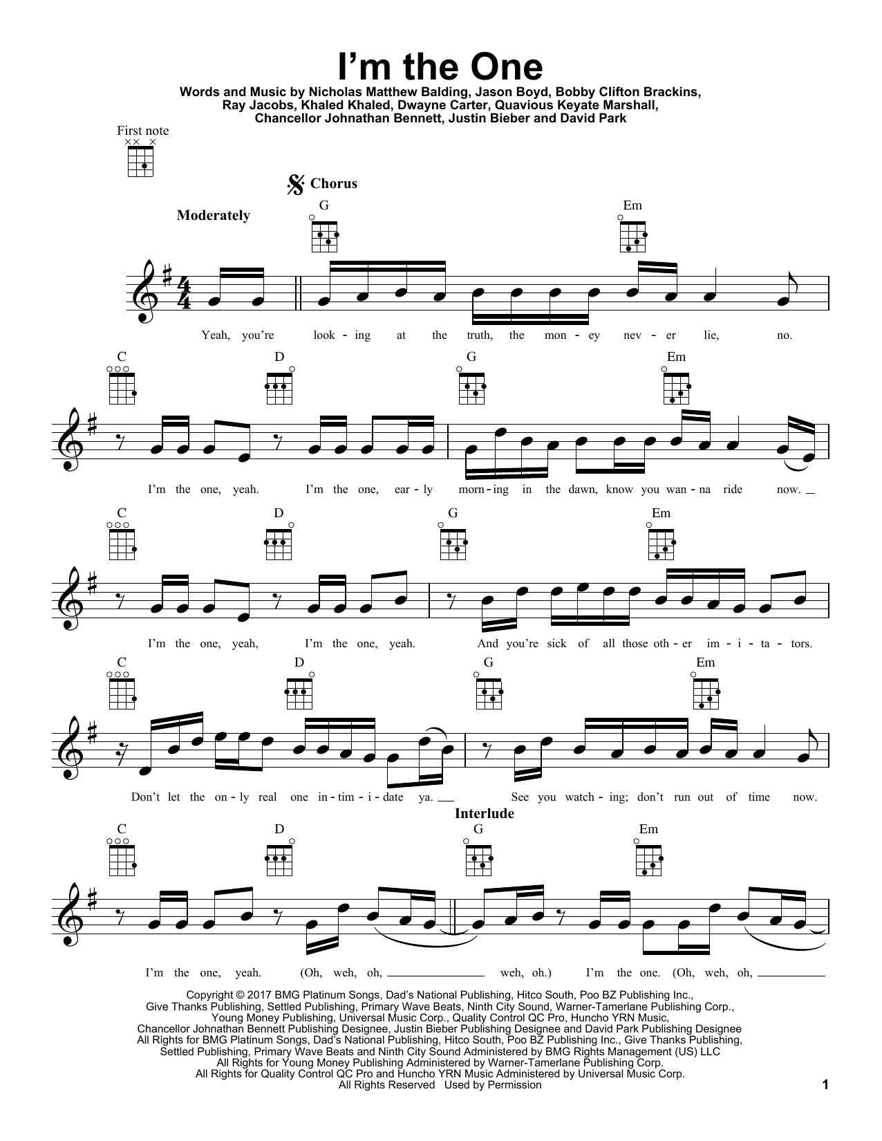 DJ Khaled I'm The One (feat. Justin Bieber, Quavo, Chance The Rapper & Lil Wayne) Sheet Music