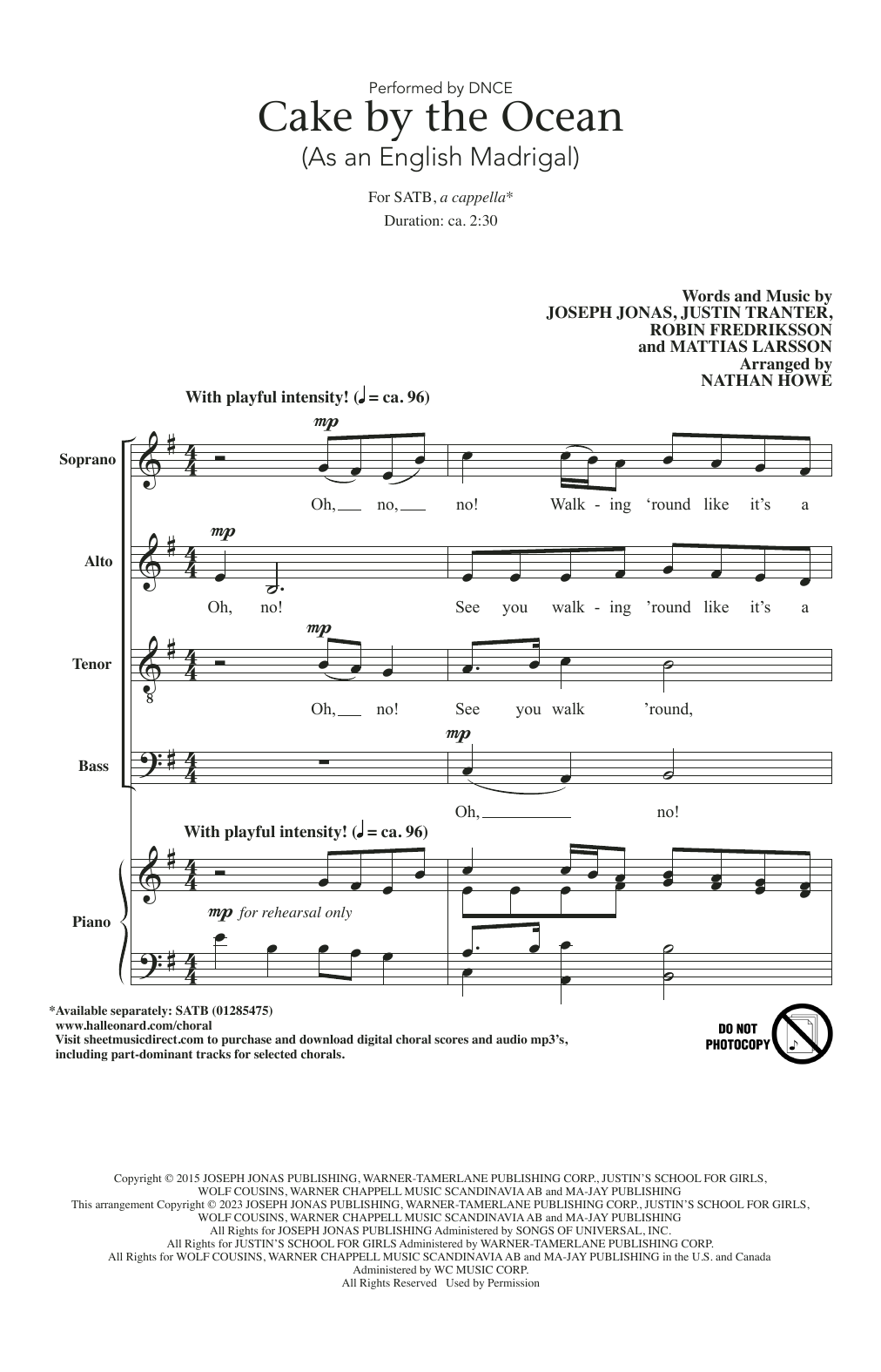DNCE Cake By The Ocean (As an English Madrigal) (arr. Nathan Howe) Sheet Music