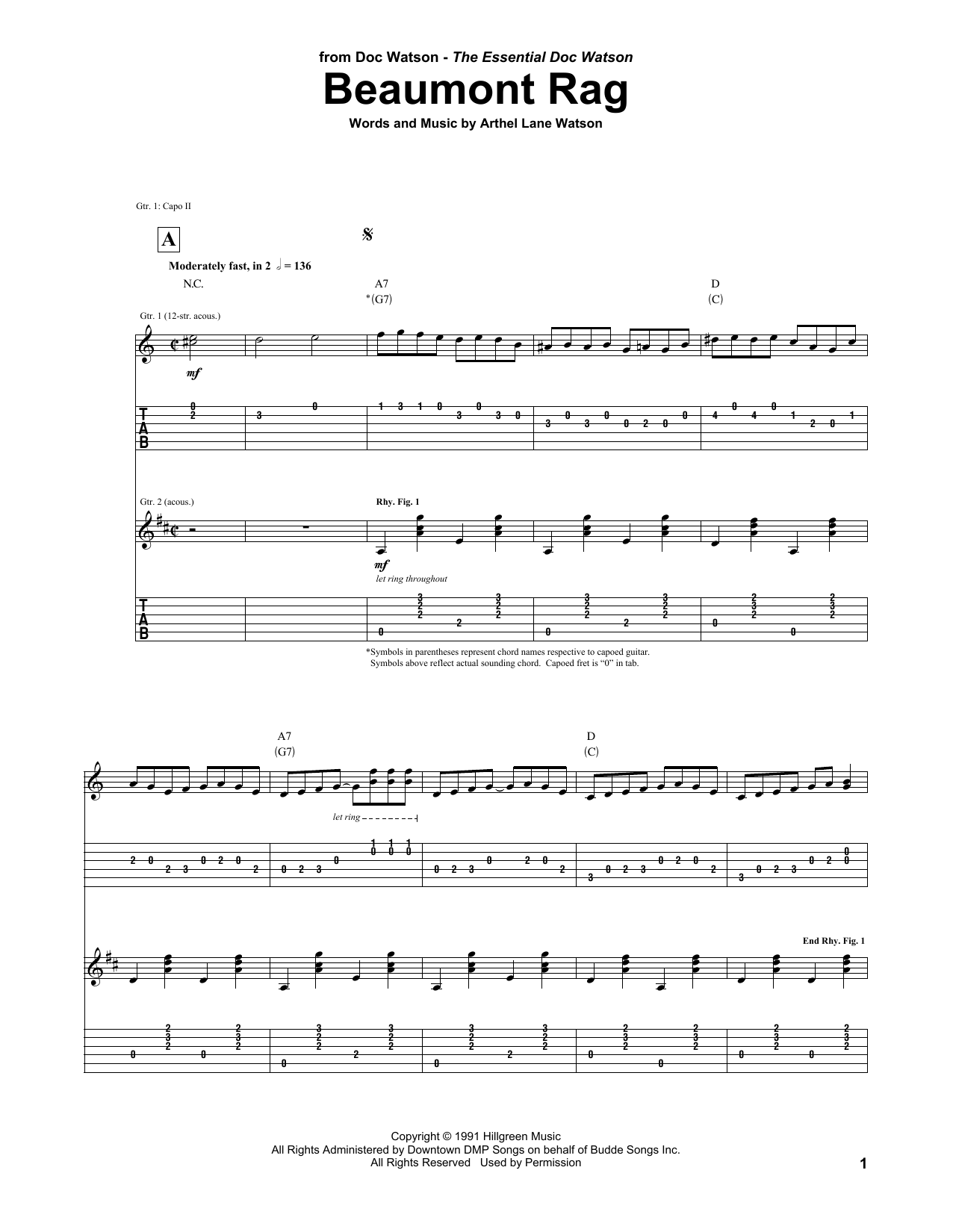 Doc Watson Beaumont Rag Sheet Music