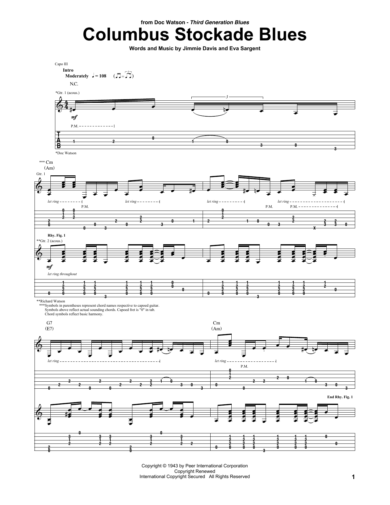 Doc Watson Columbus Stockade Blues Sheet Music