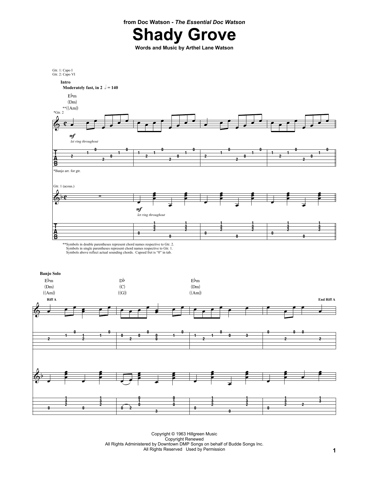 Doc Watson Shady Grove Sheet Music