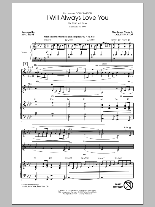 Dolly Parton I Will Always Love You (arr. Mac Huff) Sheet Music