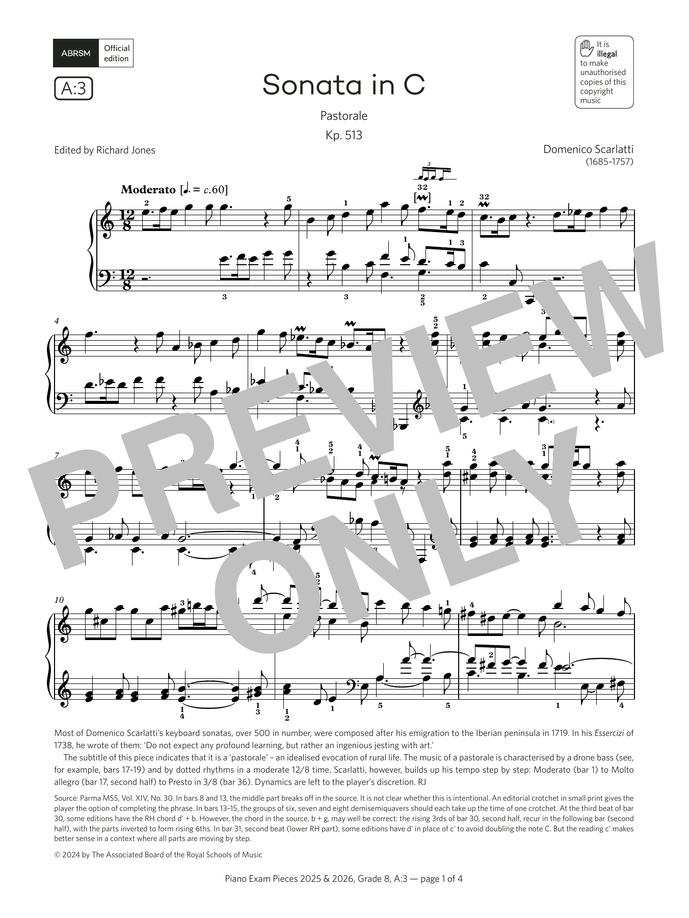 Domenico Scarlatti Sonata in C (Grade 8, list A3, from the ABRSM Piano Syllabus 2025 & 2026) Sheet Music