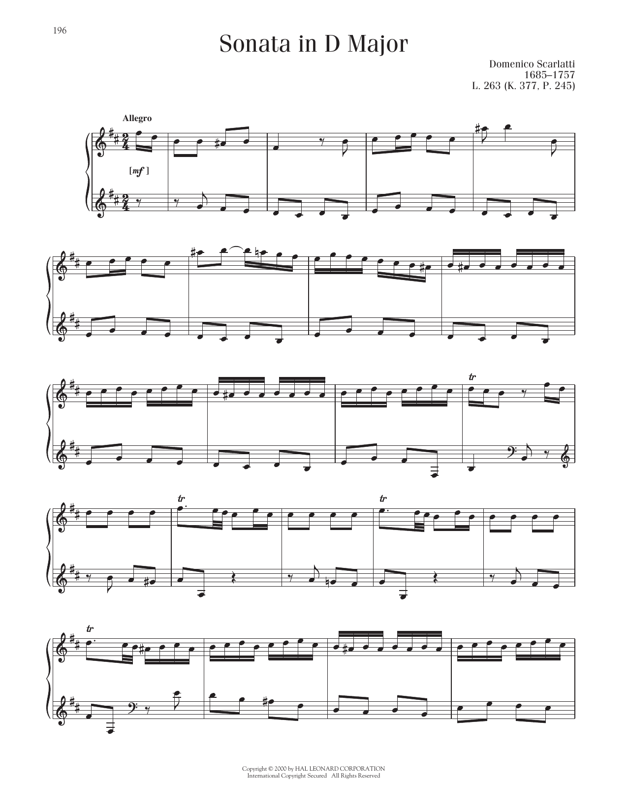 Domenico Scarlatti Sonata In D Major, K. 377 Sheet Music