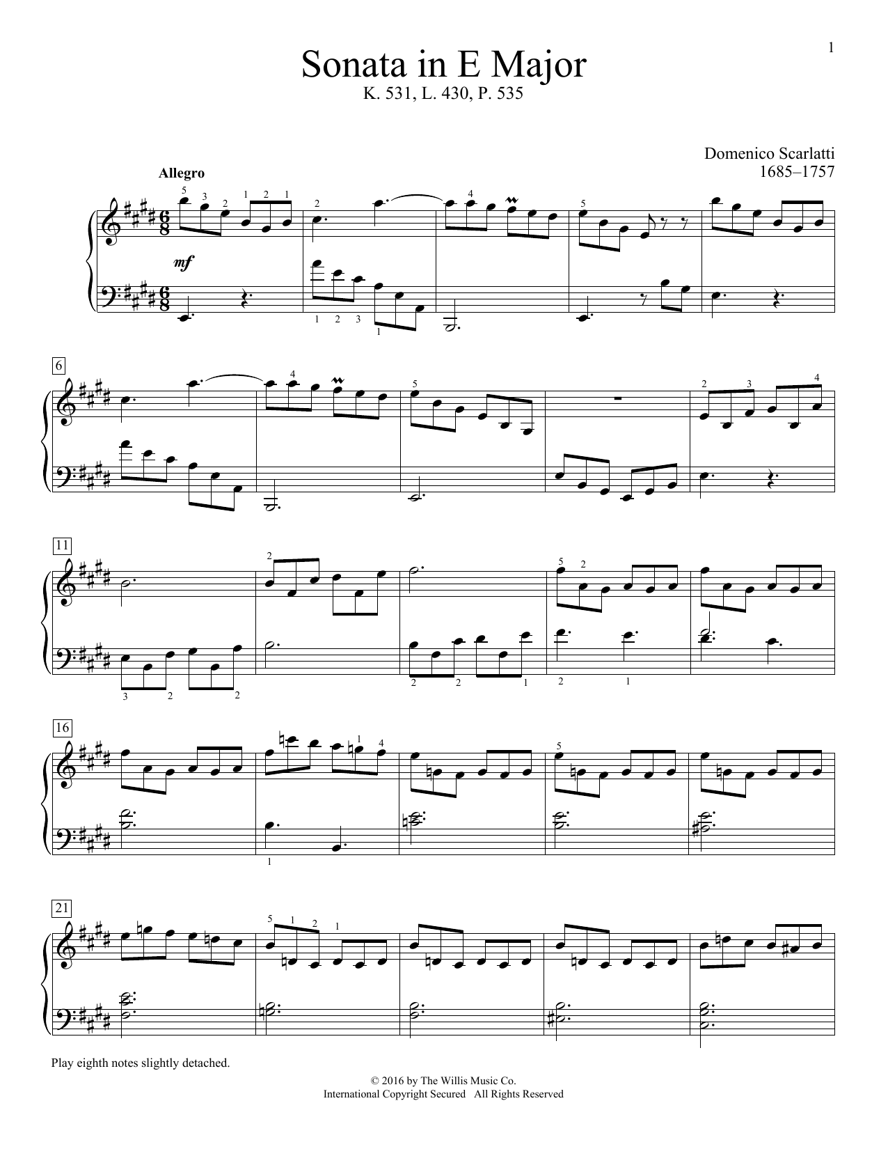 Domenico Scarlatti Sonata In E Major, K. 531, L. 430, P. 535 Sheet Music