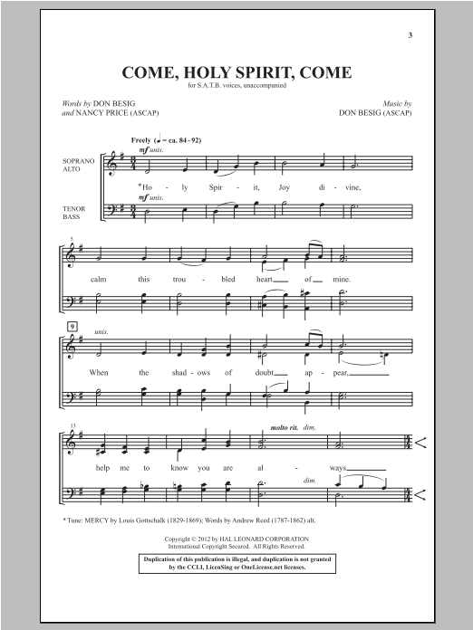 Don Besig and Nancy Price Come, Holy Spirit, Come Sheet Music