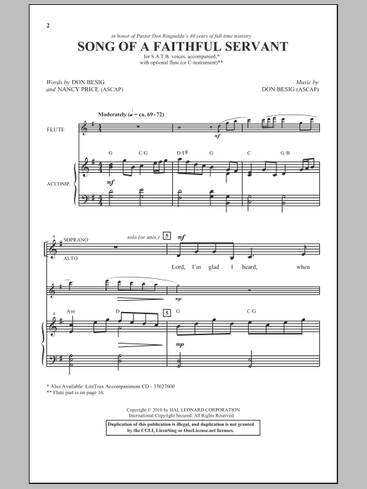 Don Besig Song Of A Faithful Servant Sheet Music