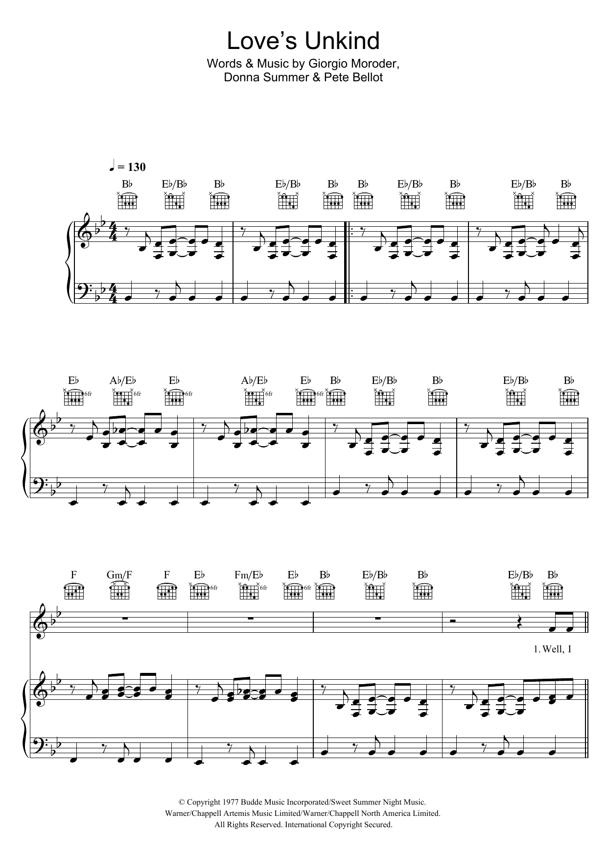 Donna Summer Love's Unkind Sheet Music