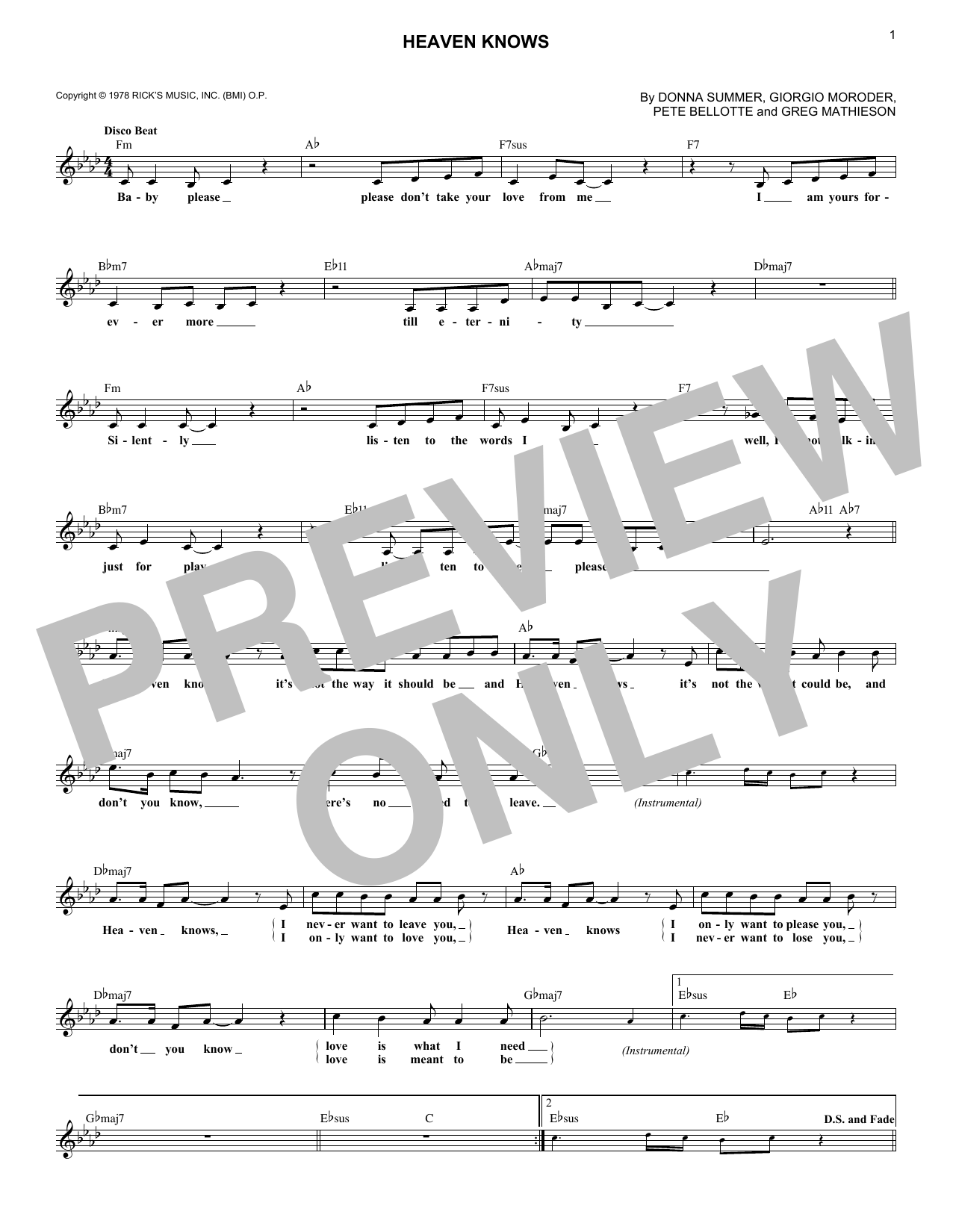 Donna Summer w/Brooklyn Dreams Heaven Knows Sheet Music