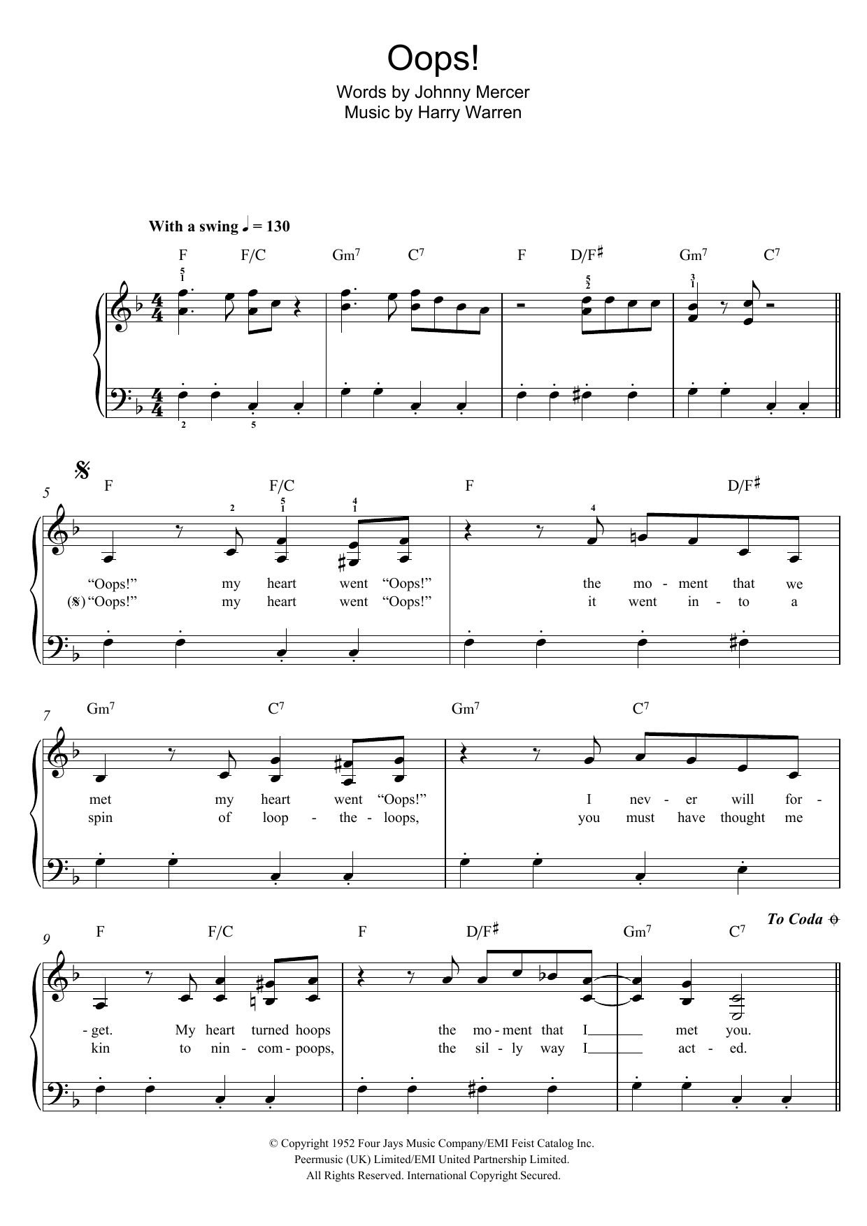 Doris Day Oops! Sheet Music