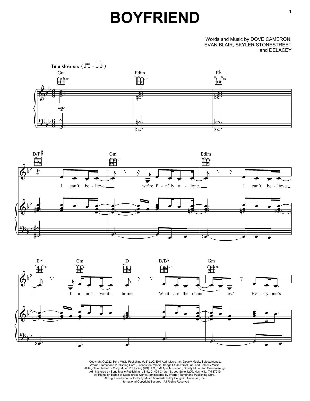 Dove Cameron Boyfriend Sheet Music