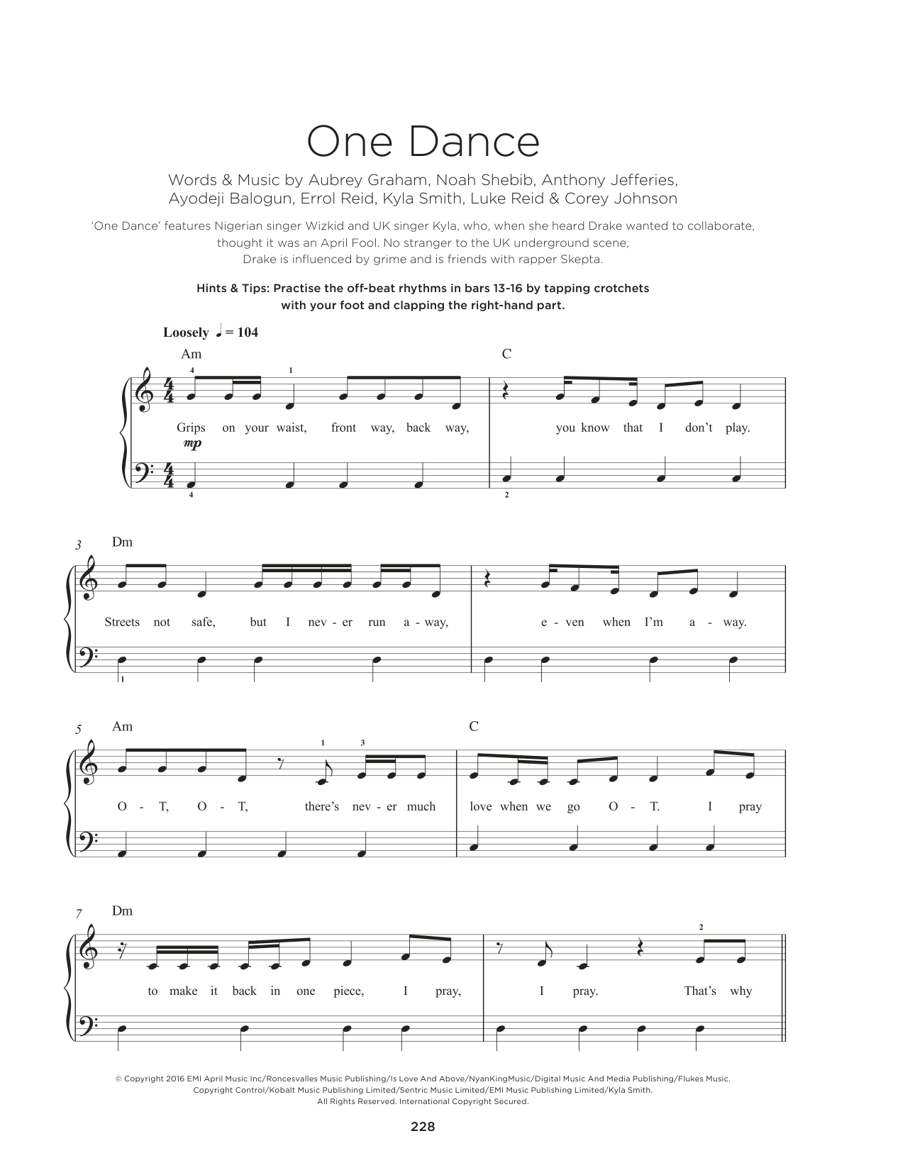 Drake One Dance (feat. Wizkid and Kyla) Sheet Music