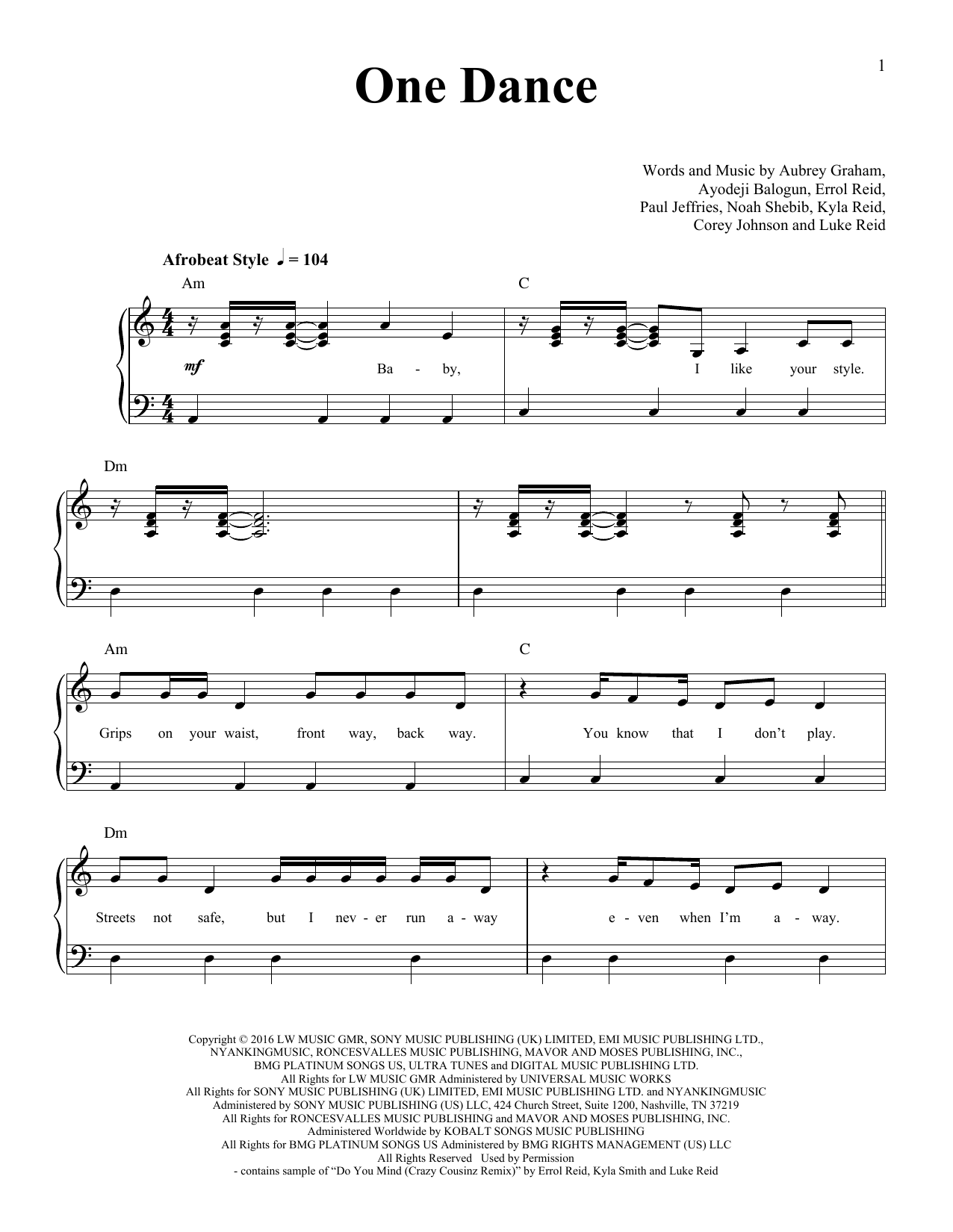 Drake One Dance (feat. Wizkid & Kyla) Sheet Music
