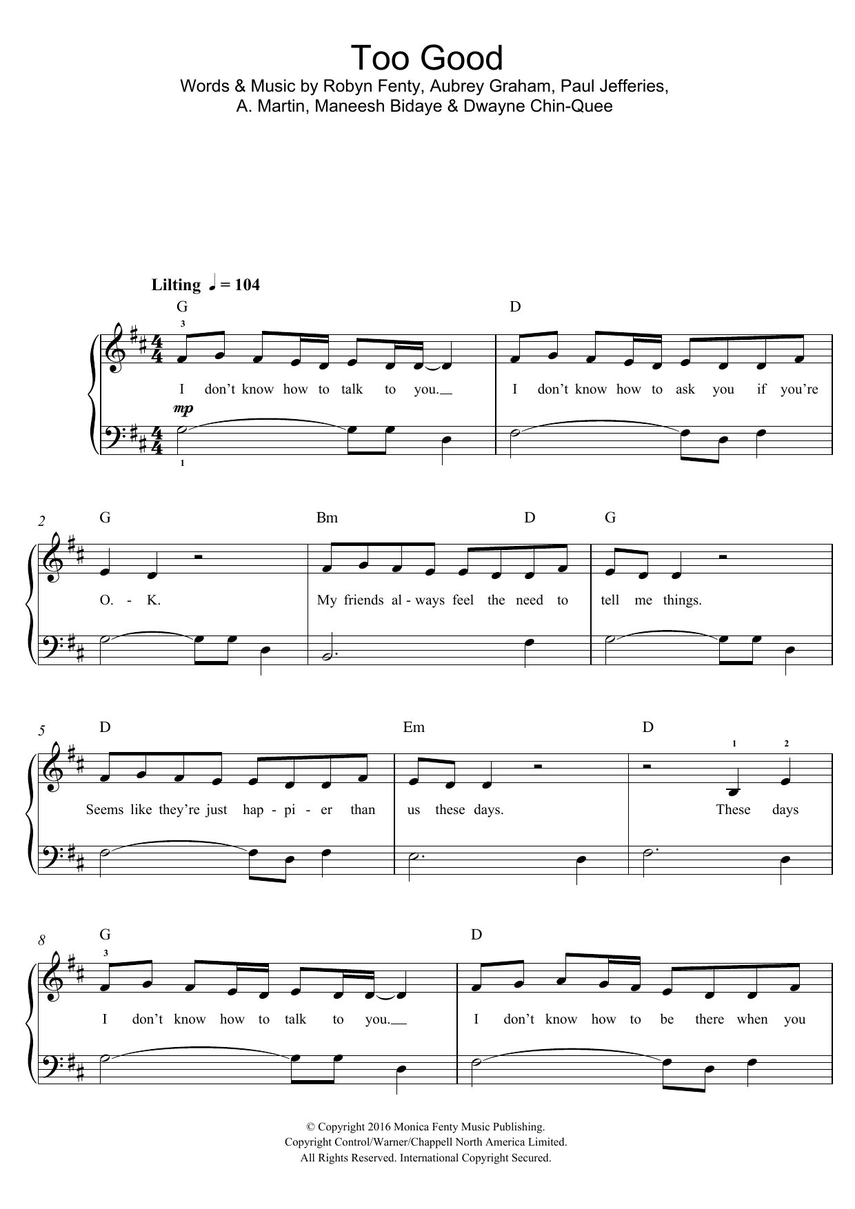 Drake Too Good (featuring Rihanna) Sheet Music