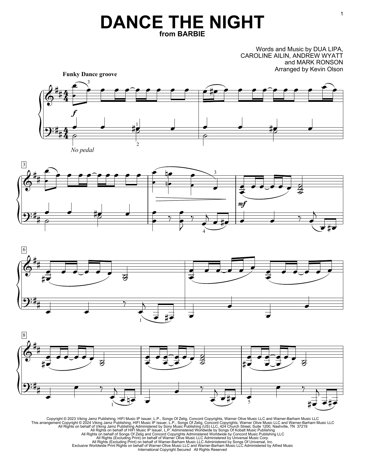 Dua Lipa Dance The Night (from Barbie) (arr. Kevin Olson) Sheet Music