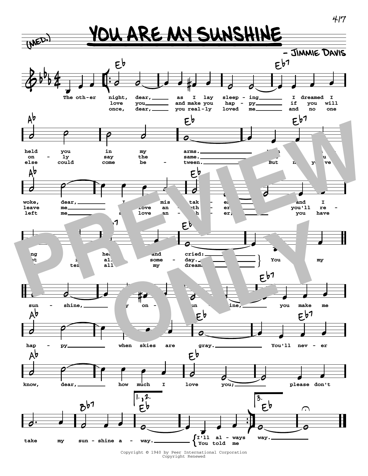 Duane Eddy You Are My Sunshine (Low Voice) Sheet Music