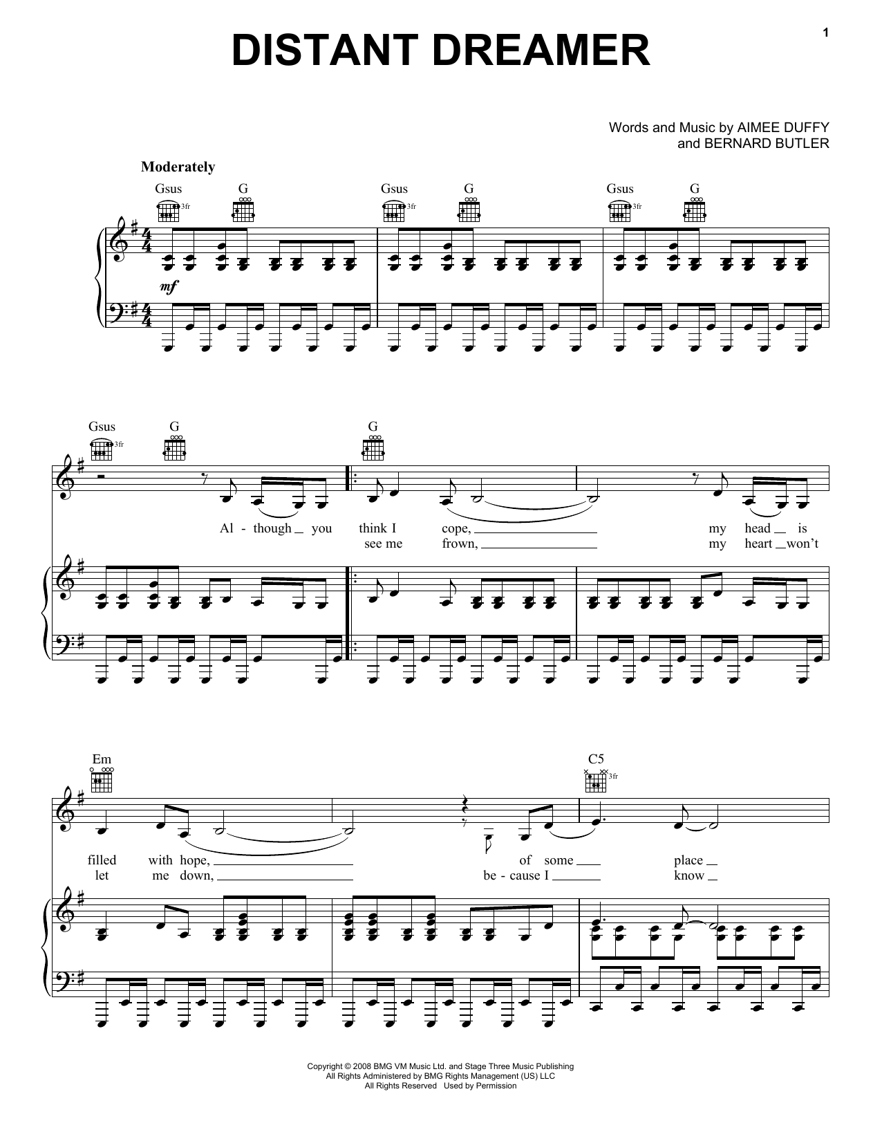 Duffy Distant Dreamer Sheet Music