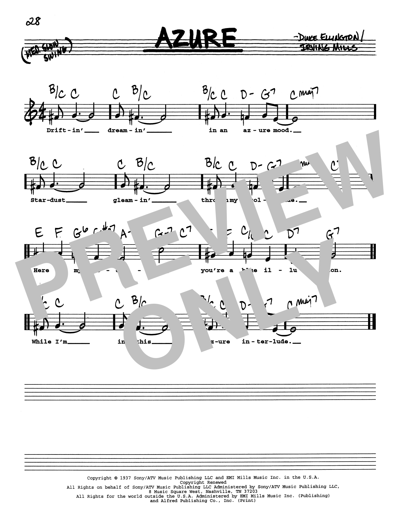 Duke Ellington Azure (Low Voice) Sheet Music