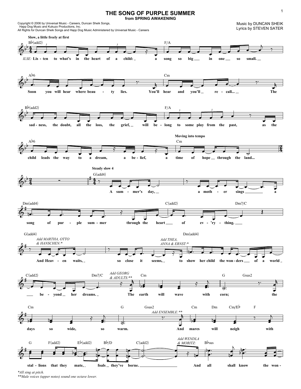 Duncan Sheik The Song Of Purple Summer Sheet Music