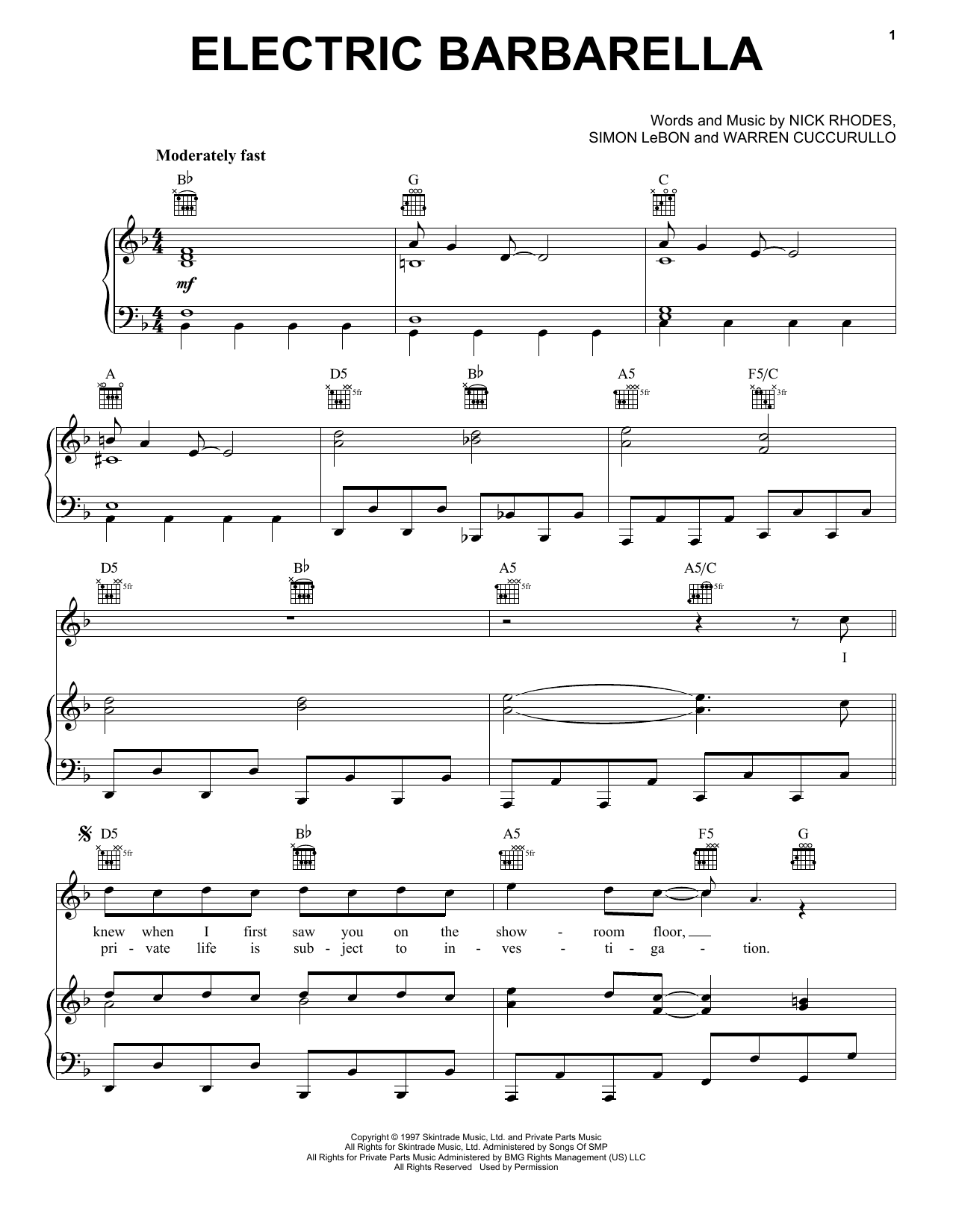 Duran Duran Electric Barbarella Sheet Music