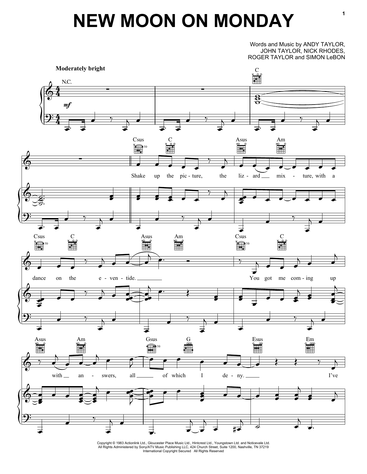 Duran Duran New Moon On Monday Sheet Music