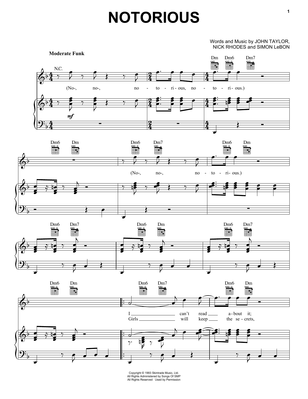 Duran Duran Notorious Sheet Music