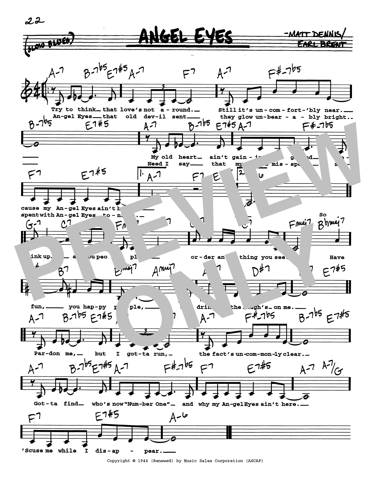 Earl Brent Angel Eyes (Low Voice) Sheet Music