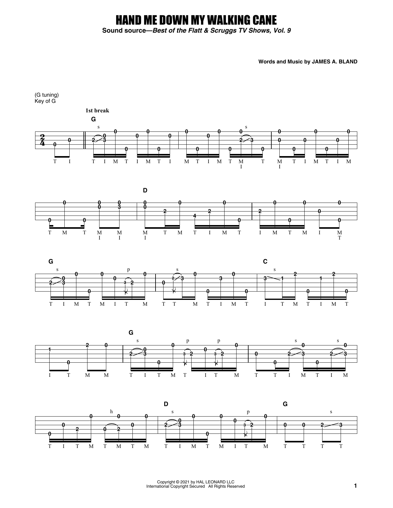 Earl Scruggs Hand Me Down My Walking Cane Sheet Music