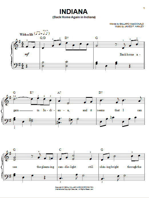 Early Jazz Standard Indiana (Back Home Again In Indiana) Sheet Music