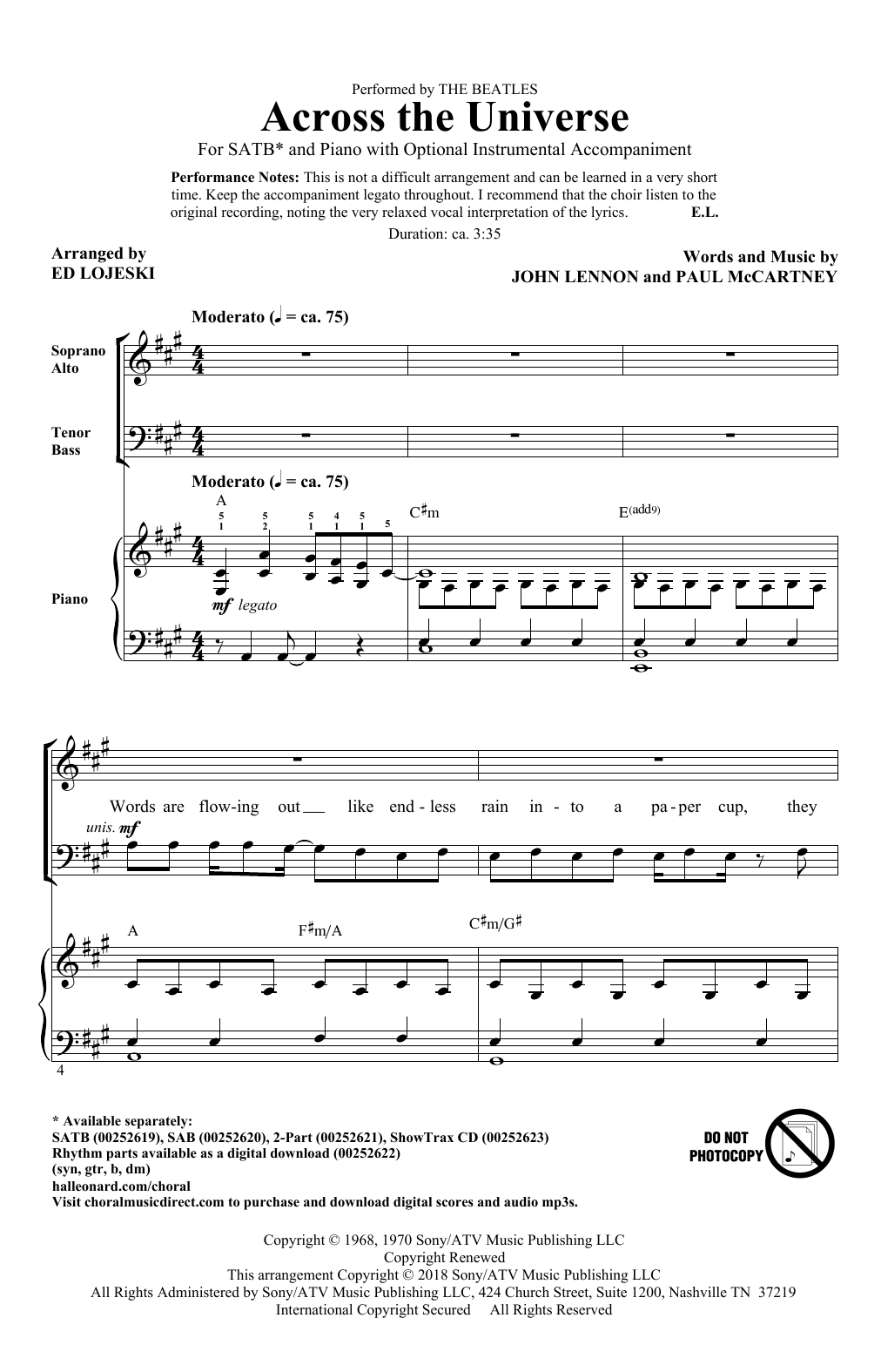 Ed Lojeski Across The Universe Sheet Music