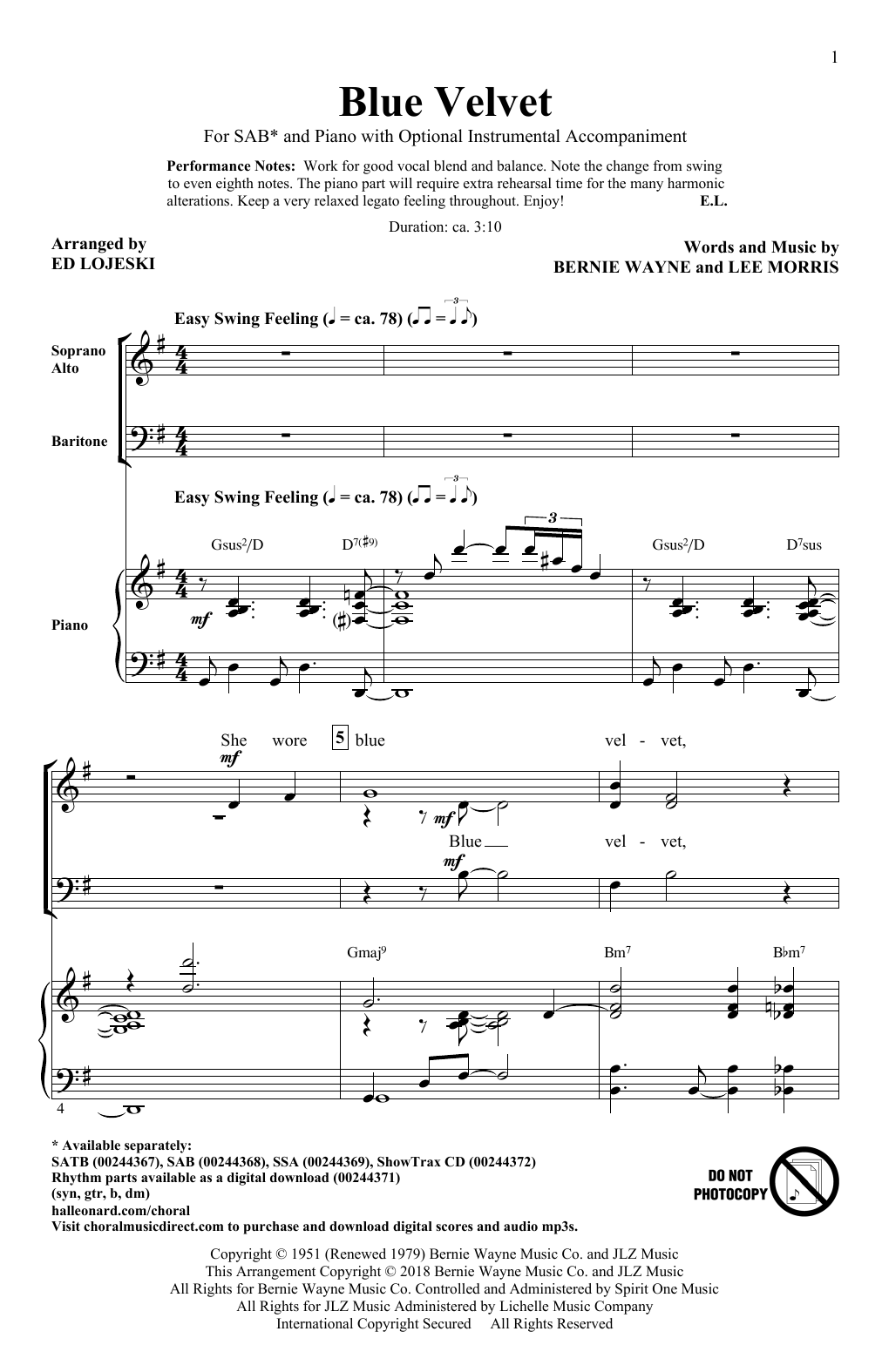 Ed Lojeski Blue Velvet Sheet Music