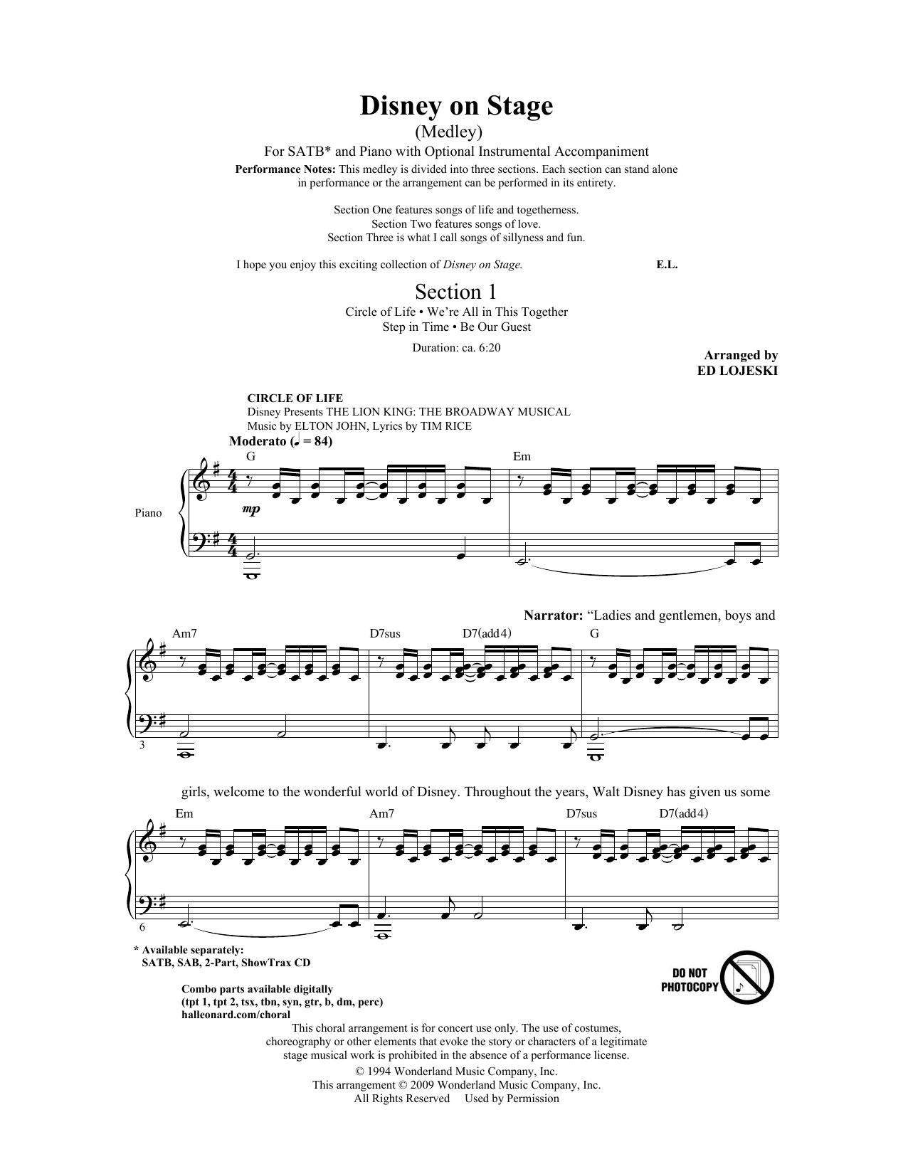 Ed Lojeski Disney On Stage (Medley) Sheet Music