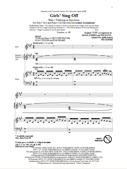 Ed Lojeski Girls' Sing-Off (from Glee) Sheet Music