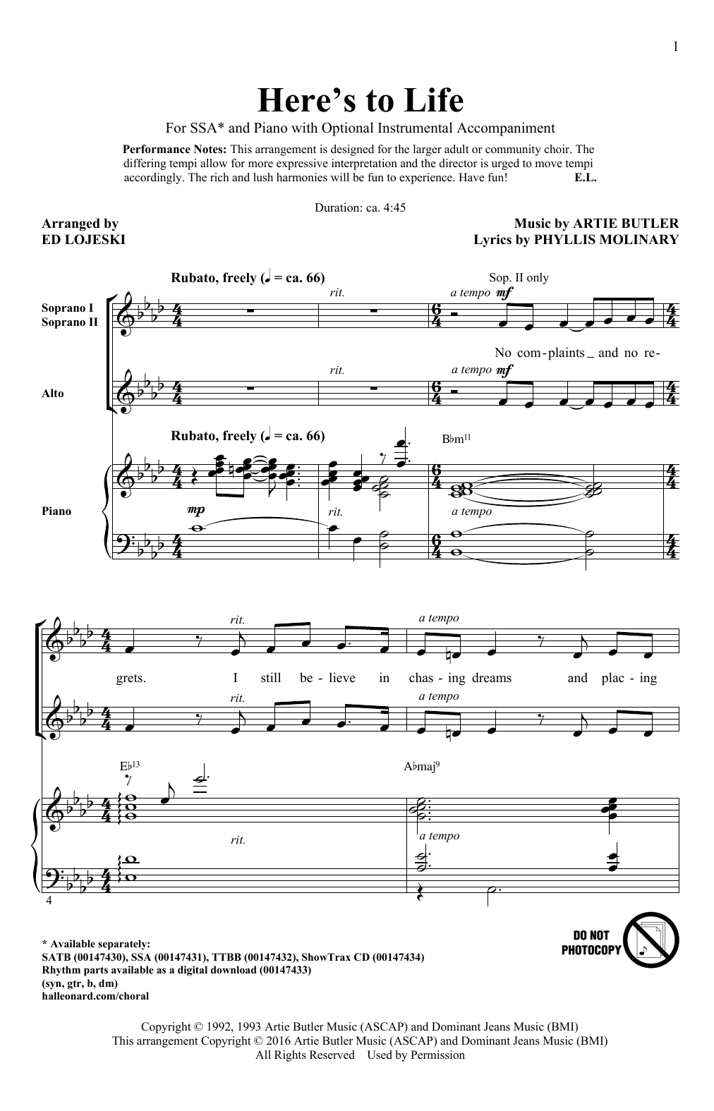 Ed Lojeski Here's To Life Sheet Music