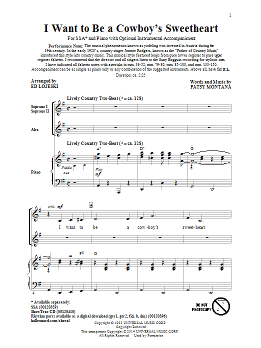 Ed Lojeski I Want To Be A Cowboy's Sweetheart Sheet Music