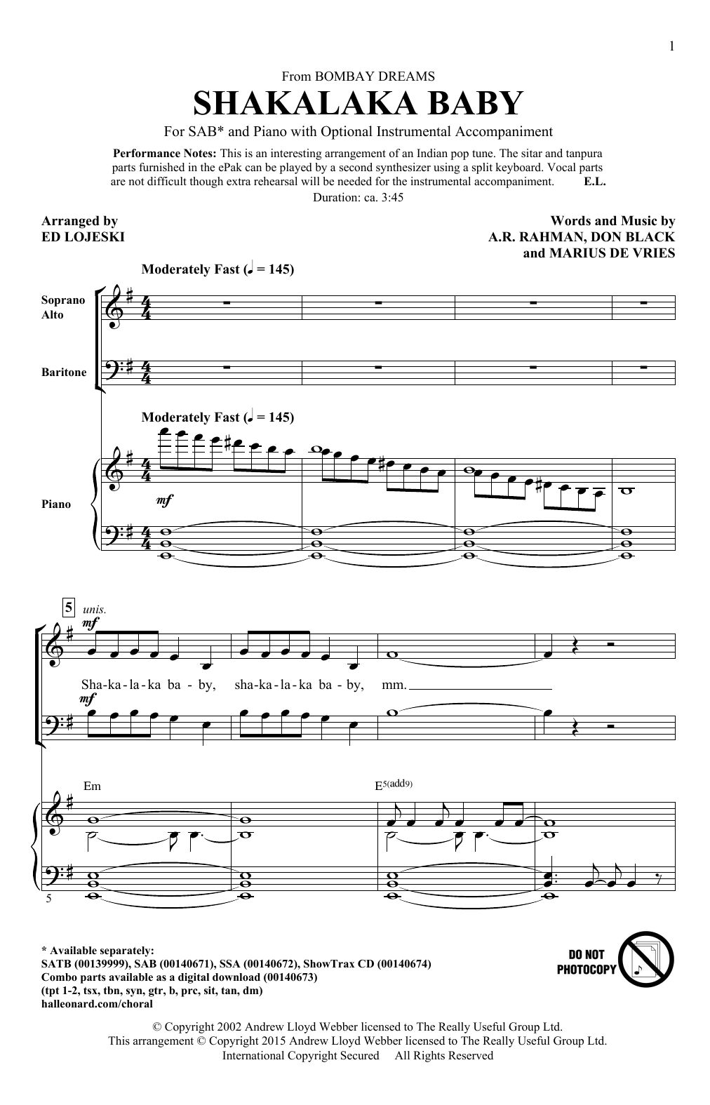 Ed Lojeski Shakalaka Baby (from Bombay Dreams) Sheet Music