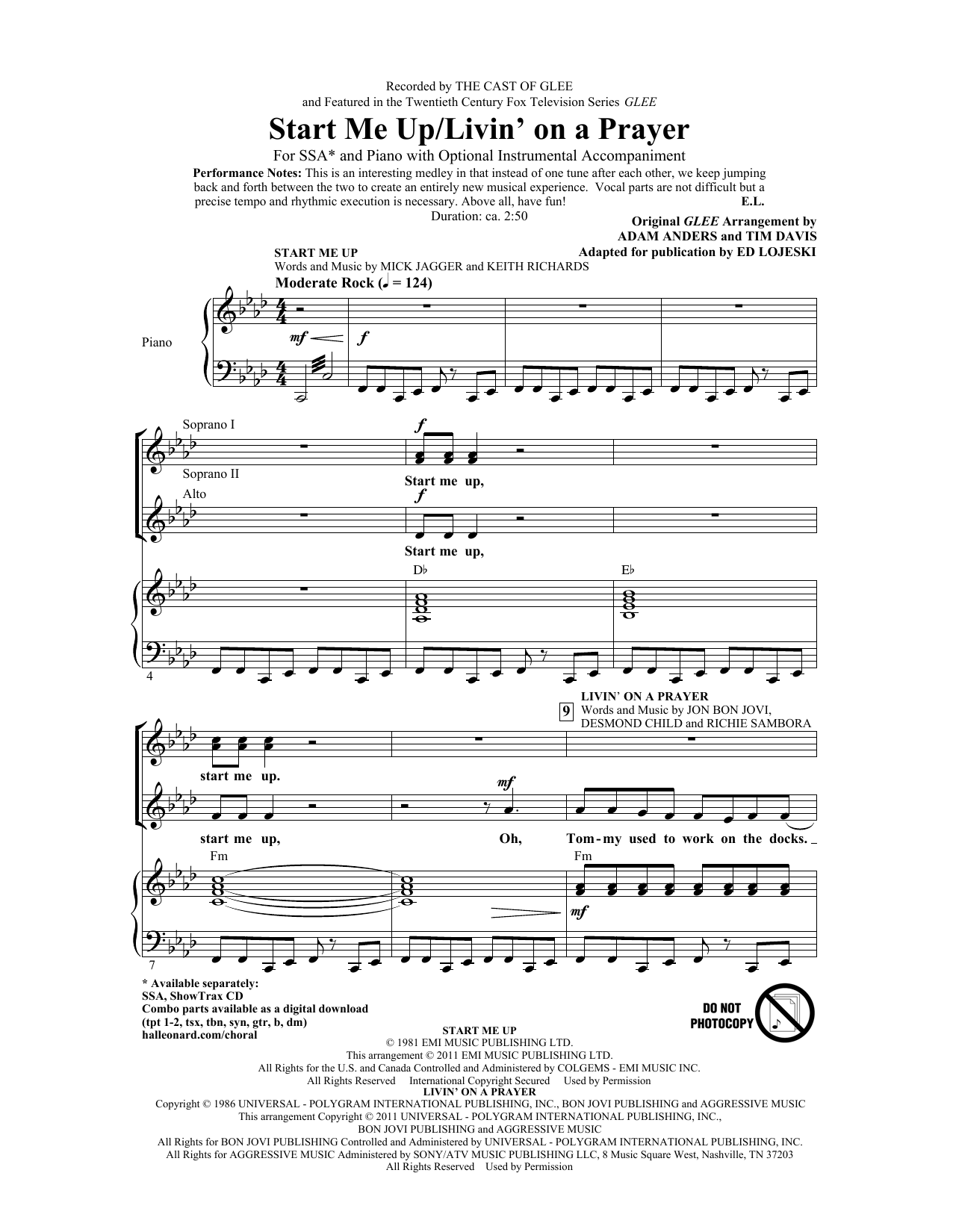 Ed Lojeski Start Me Up/Livin' On A Prayer Sheet Music