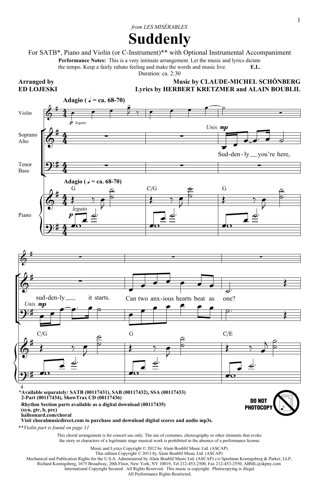 Ed Lojeski Suddenly (from Les Miserables The Movie) Sheet Music