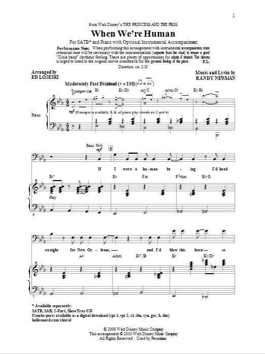 Ed Lojeski When We're Human (from The Princess And The Frog) Sheet Music