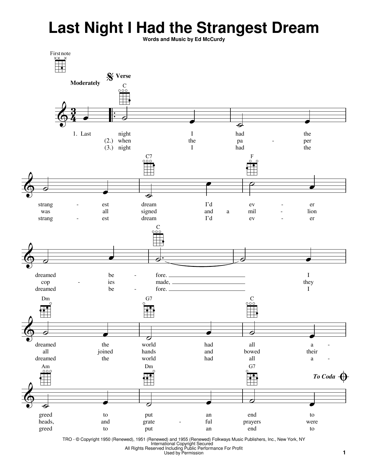 Ed McCurdy Last Night I Had The Strangest Dream Sheet Music