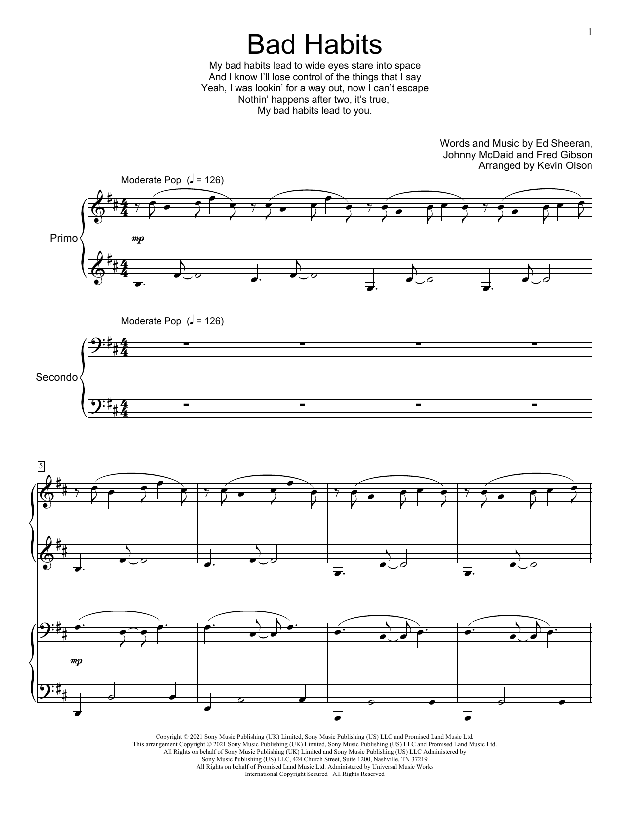 Ed Sheeran Bad Habits (arr. Kevin Olson) Sheet Music