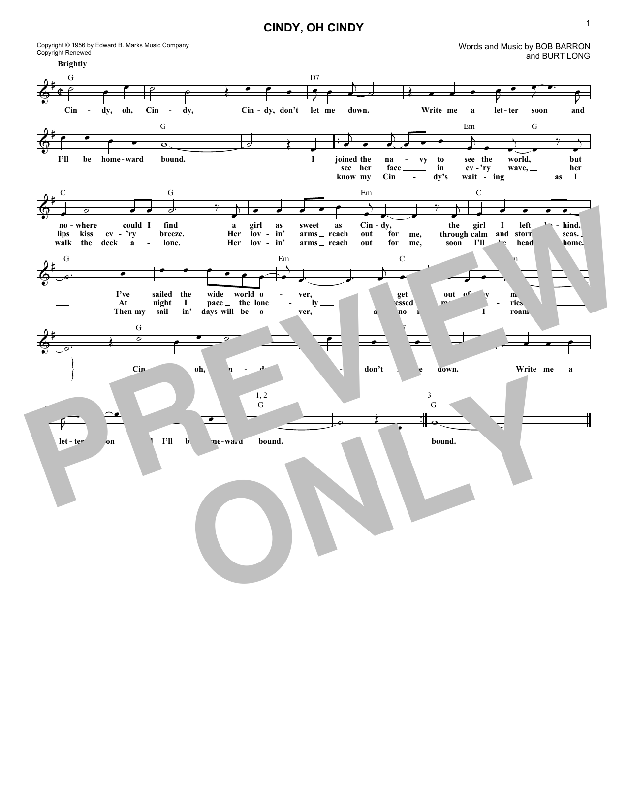 Eddie Fisher Cindy, Oh Cindy Sheet Music