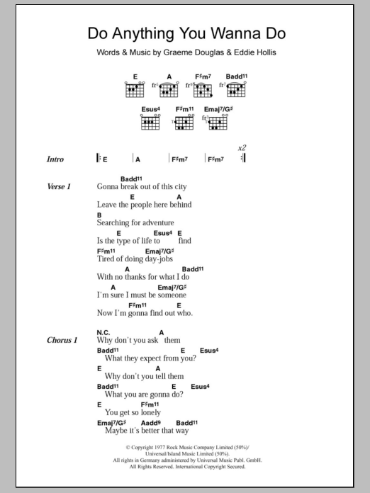 Eddie & The Hotrods Do Anything You Wanna Do Sheet Music