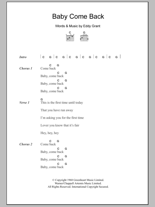 Eddy Grant Baby Come Back Sheet Music