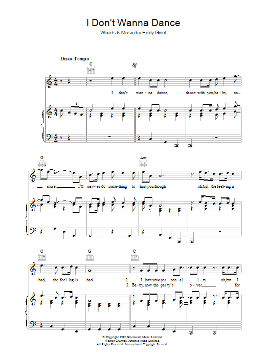 Eddy Grant I Don't Wanna Dance Sheet Music