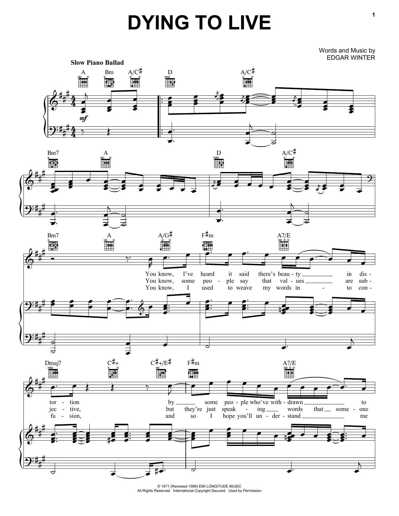 Edgar Winter Dying To Live Sheet Music